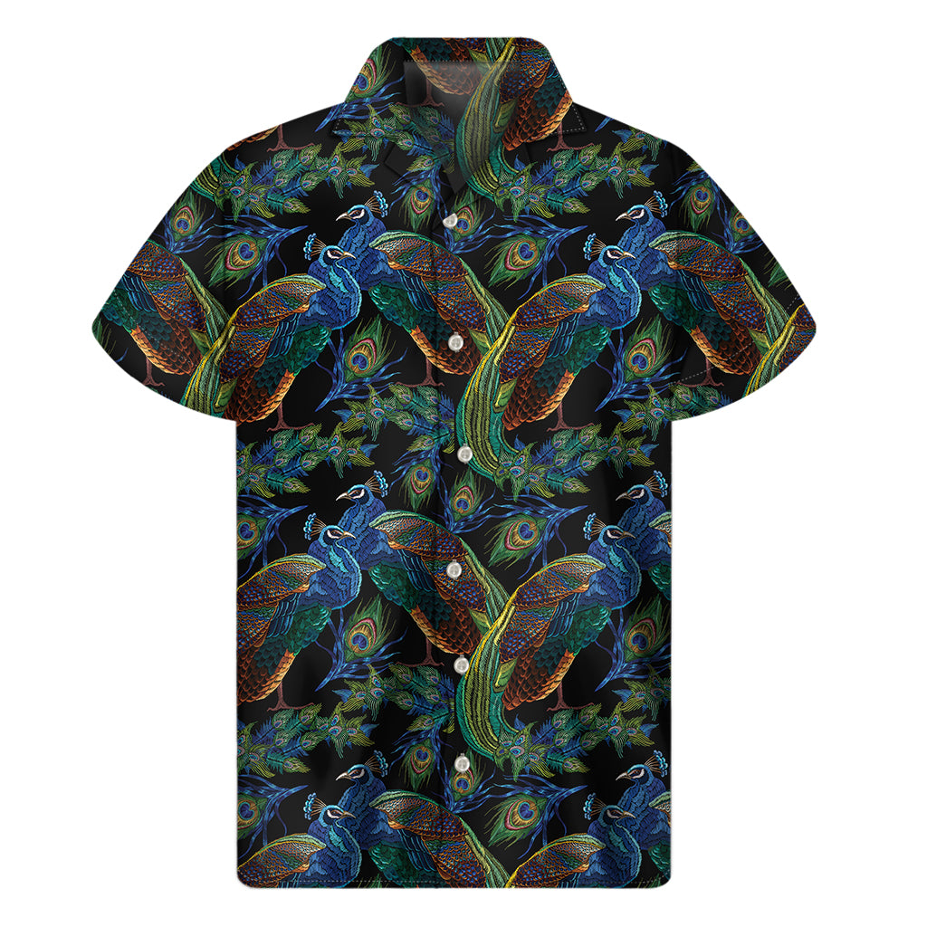 Embroidery Peacock Pattern Print Men's Short Sleeve Shirt