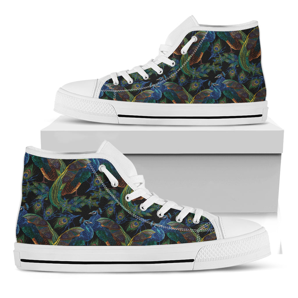 Embroidery Peacock Pattern Print White High Top Shoes