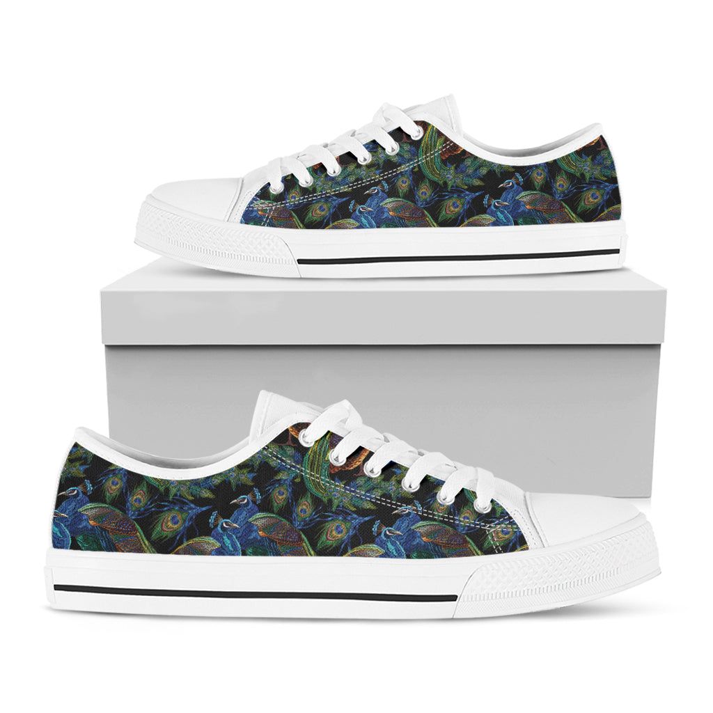 Embroidery Peacock Pattern Print White Low Top Shoes