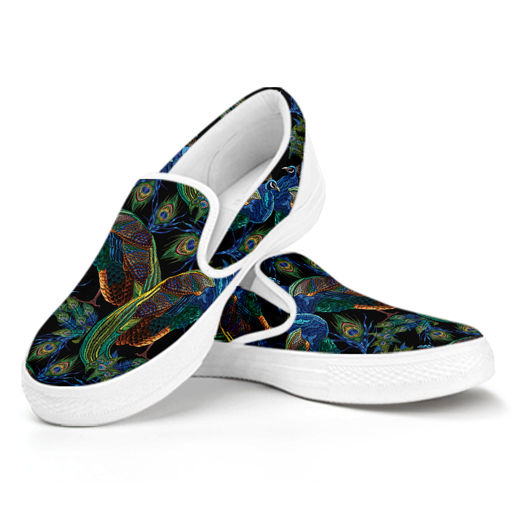 Embroidery Peacock Pattern Print White Slip On Shoes