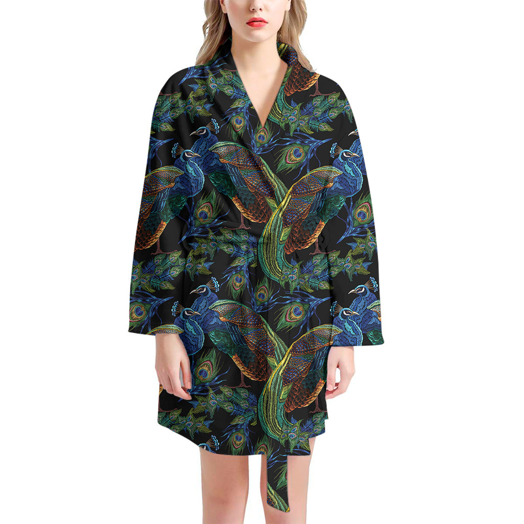 Embroidery Peacock Pattern Print Women's Bathrobe