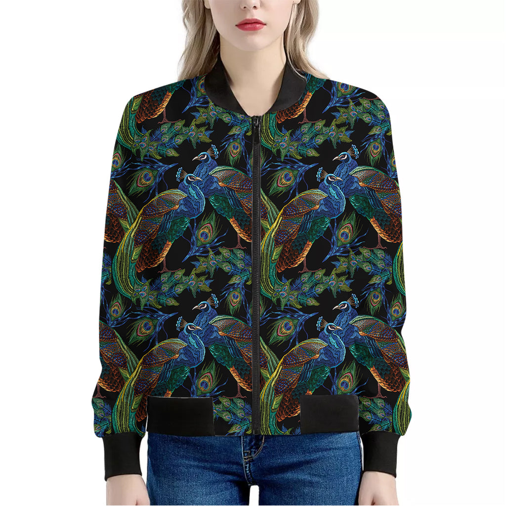 Embroidery Peacock Pattern Print Women's Bomber Jacket