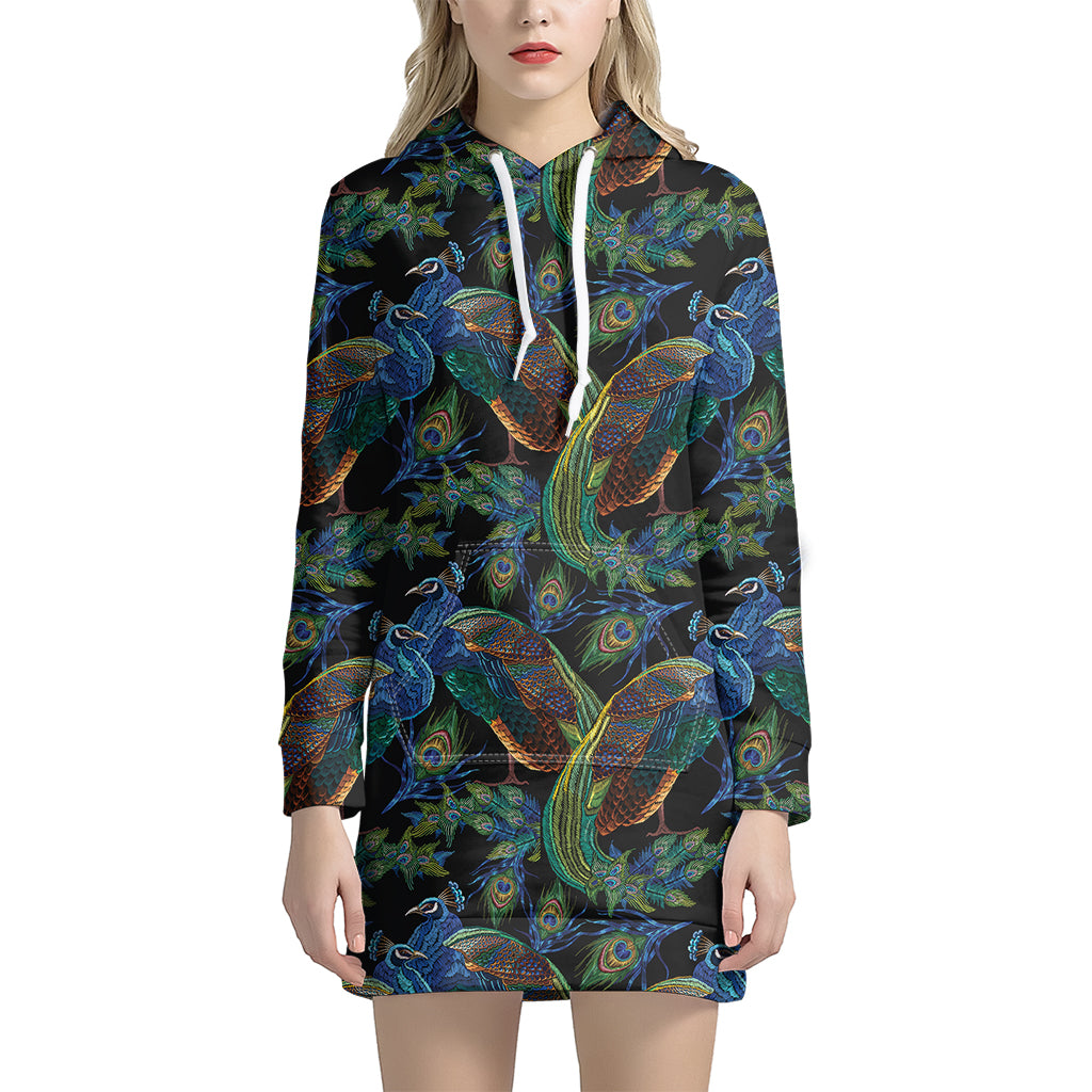 Embroidery Peacock Pattern Print Women's Pullover Hoodie Dress