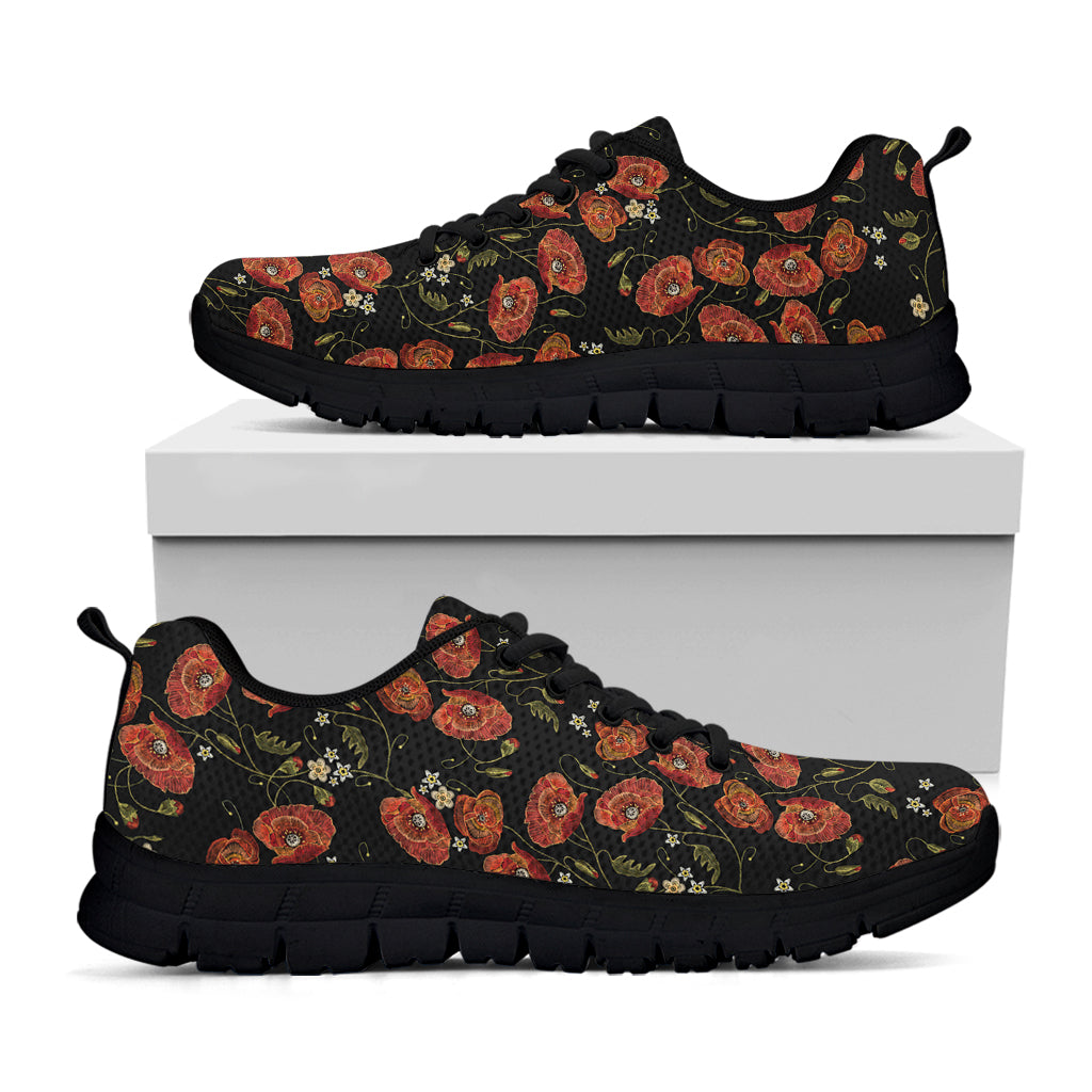 Embroidery Poppy Pattern Print Black Sneakers