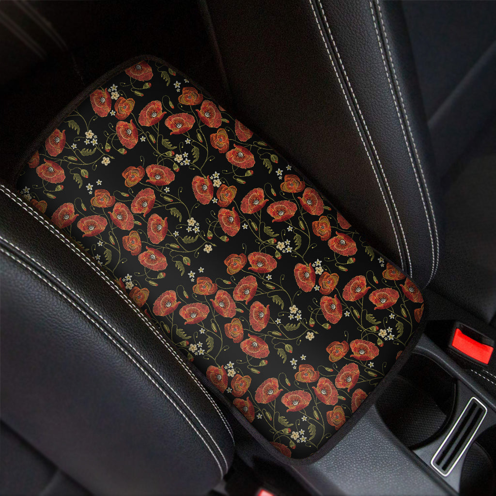 Embroidery Poppy Pattern Print Car Center Console Cover