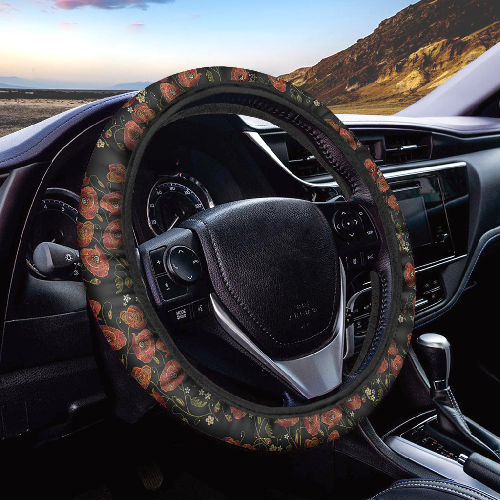 Embroidery Poppy Pattern Print Car Steering Wheel Cover