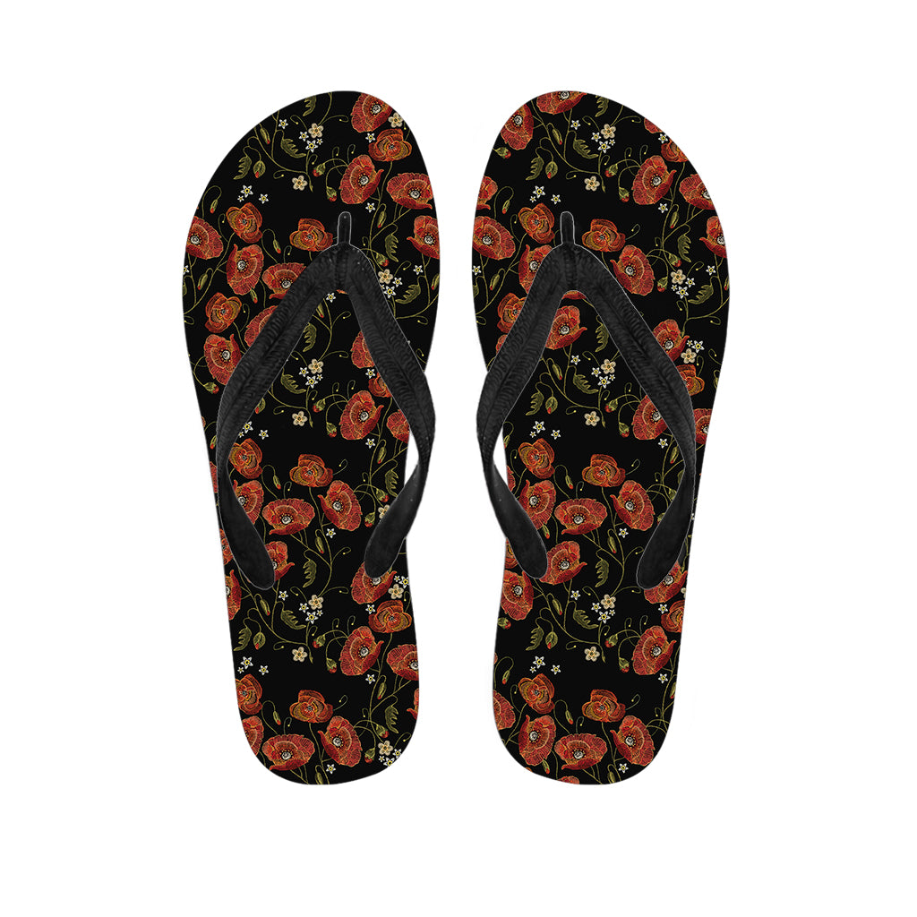 Embroidery Poppy Pattern Print Flip Flops