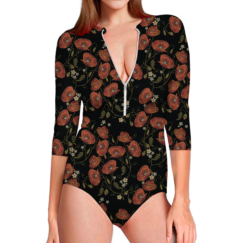 Embroidery Poppy Pattern Print Long Sleeve One Piece Swimsuit