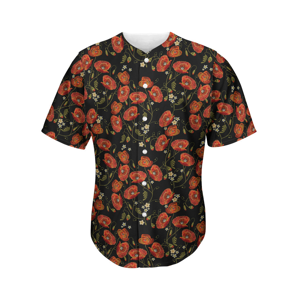 Embroidery Poppy Pattern Print Men's Baseball Jersey