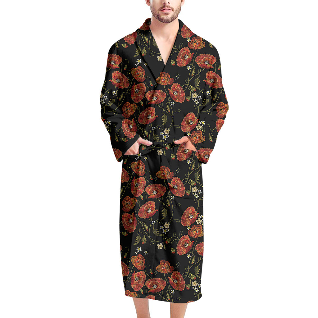 Embroidery Poppy Pattern Print Men's Bathrobe