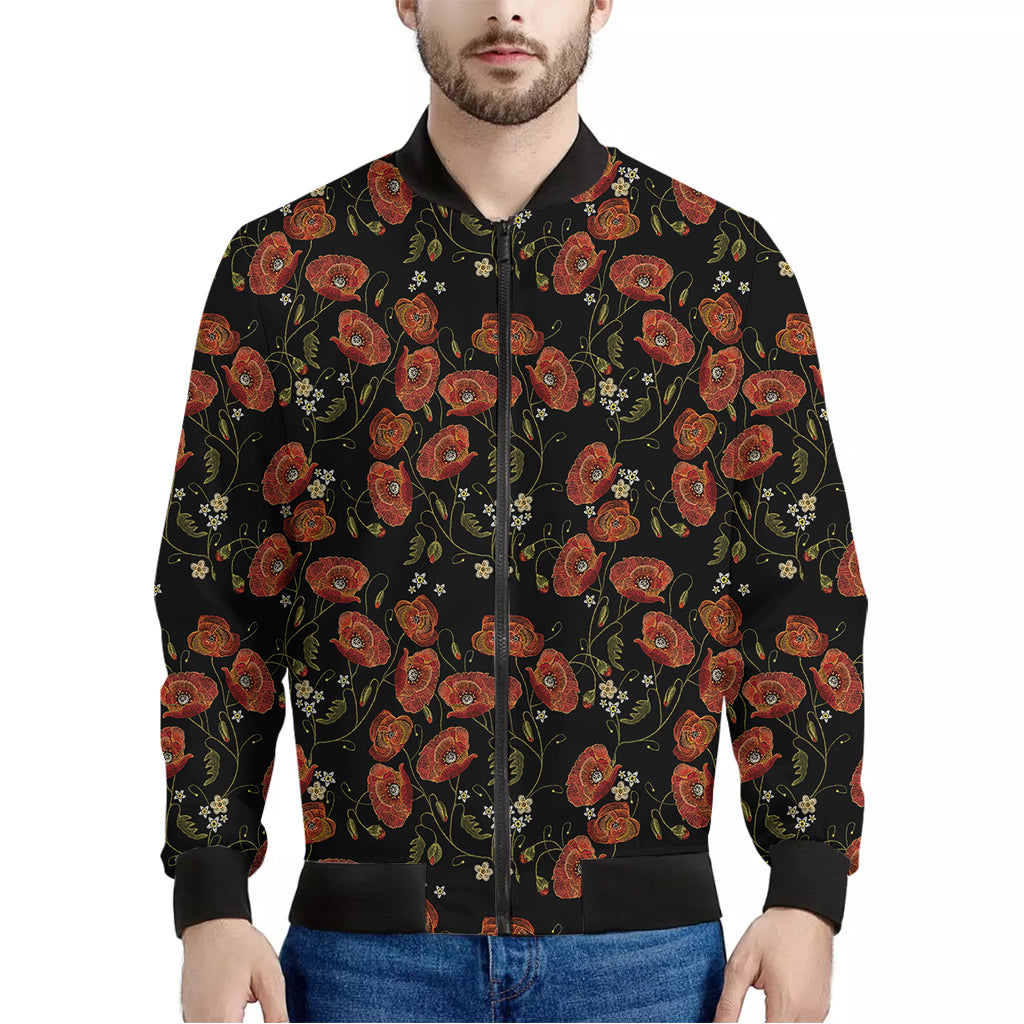 Embroidery Poppy Pattern Print Men's Bomber Jacket