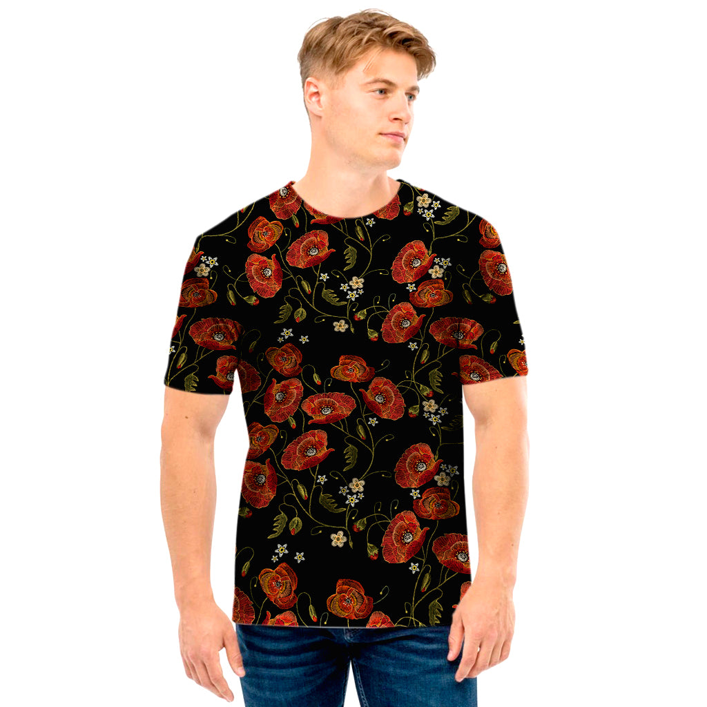 Embroidery Poppy Pattern Print Men's T-Shirt