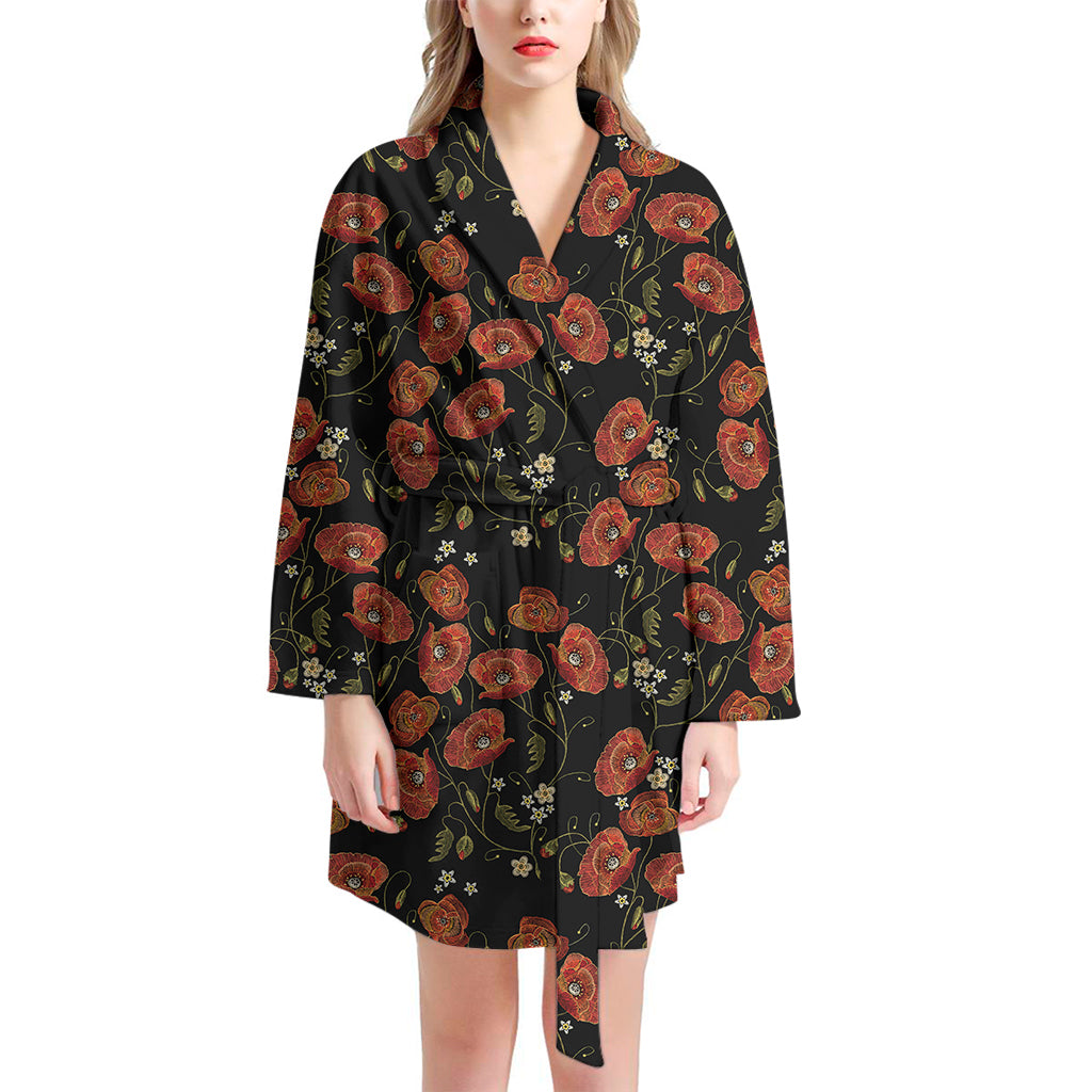 Embroidery Poppy Pattern Print Women's Bathrobe