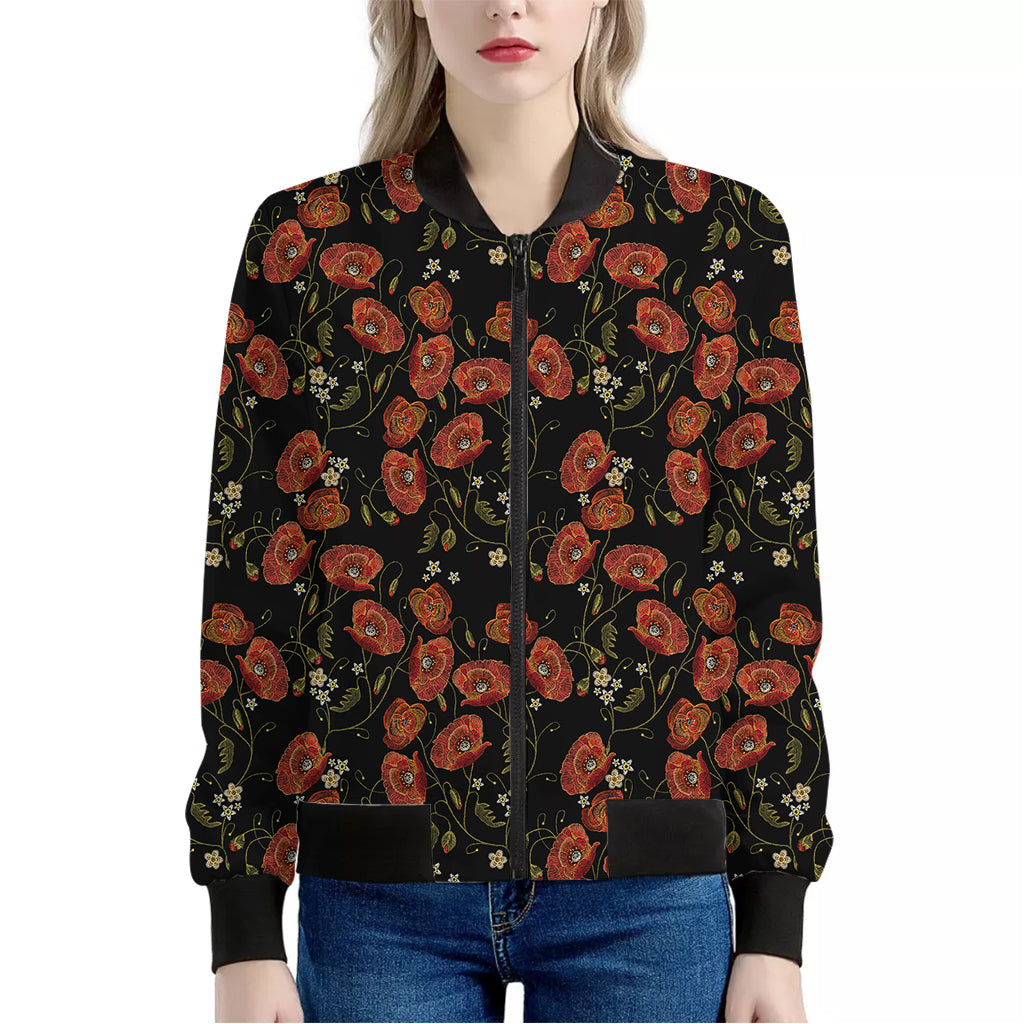 Embroidery Poppy Pattern Print Women's Bomber Jacket