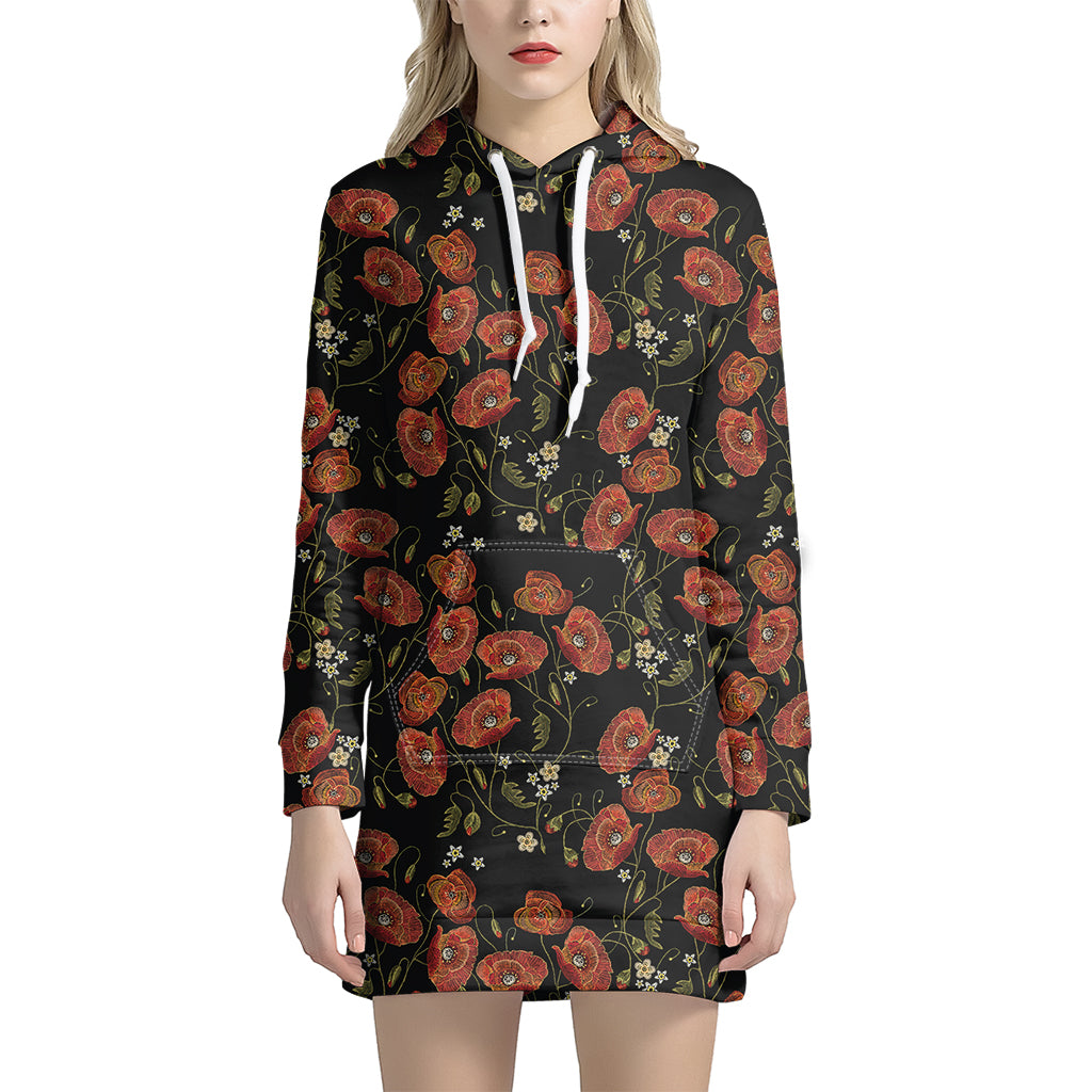 Embroidery Poppy Pattern Print Women's Pullover Hoodie Dress