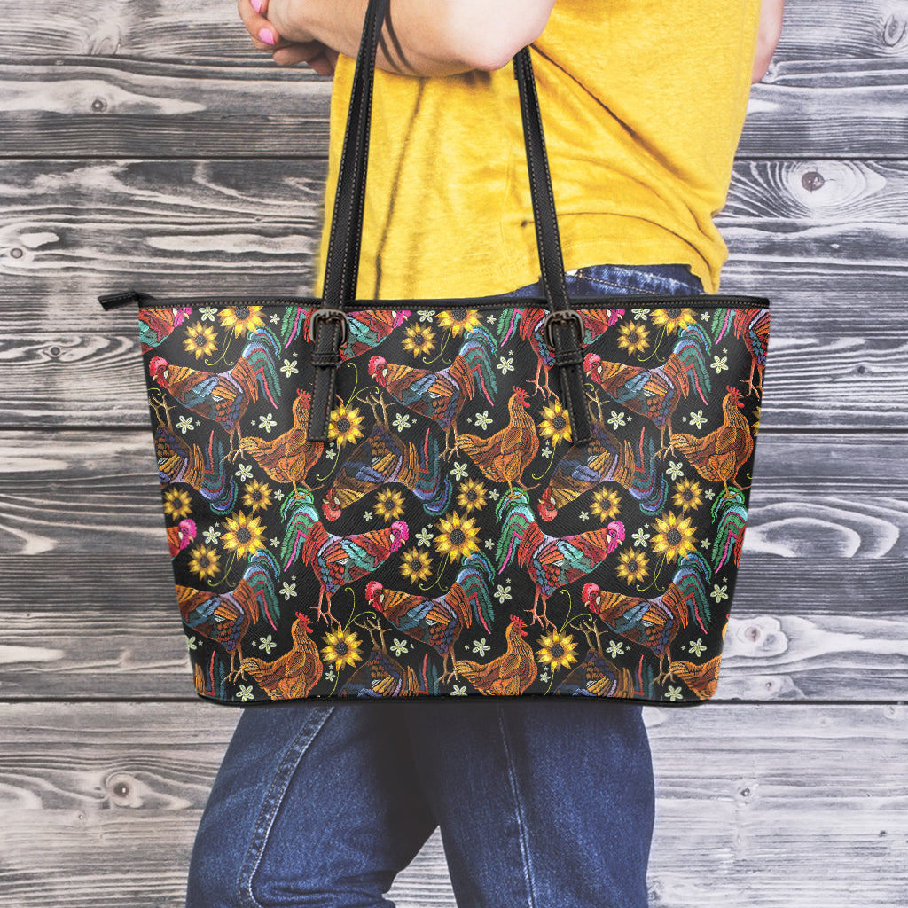 Embroidery Rooster Pattern Print Leather Tote Bag