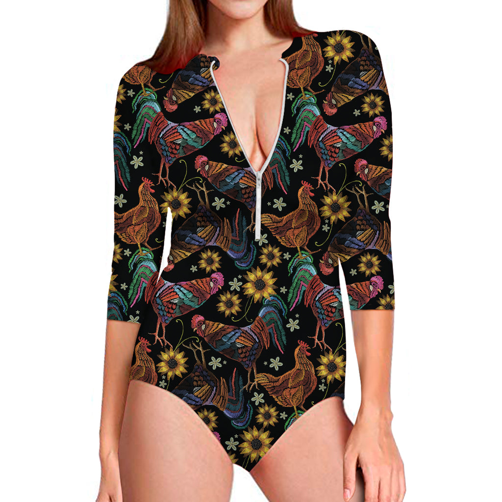 Embroidery Rooster Pattern Print Long Sleeve One Piece Swimsuit