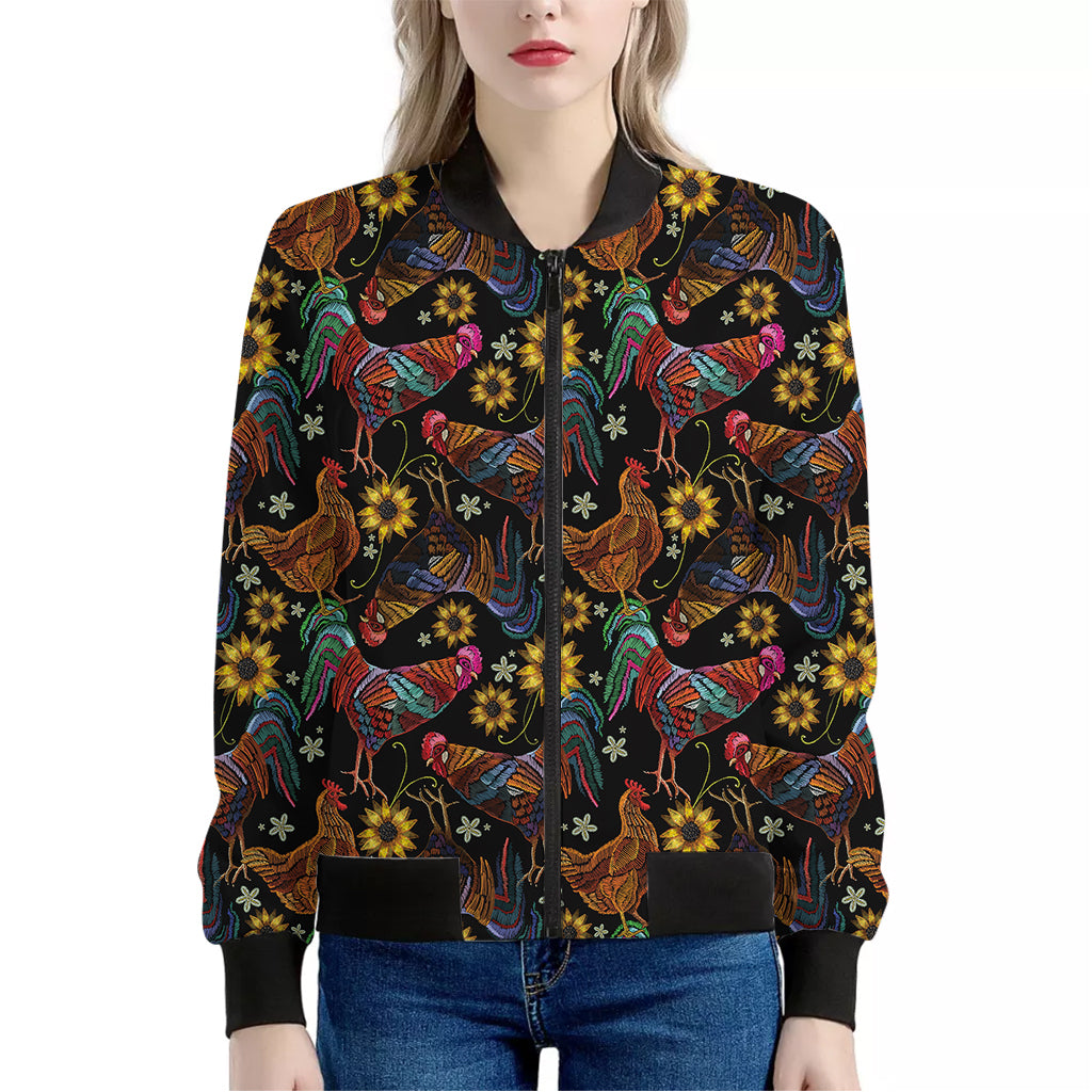 Embroidery Rooster Pattern Print Women's Bomber Jacket