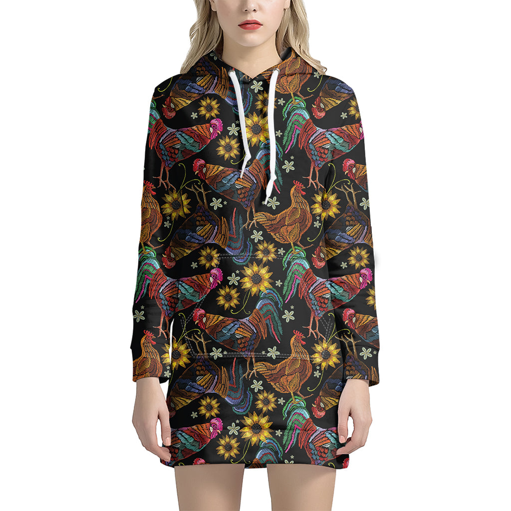 Embroidery Rooster Pattern Print Women's Pullover Hoodie Dress