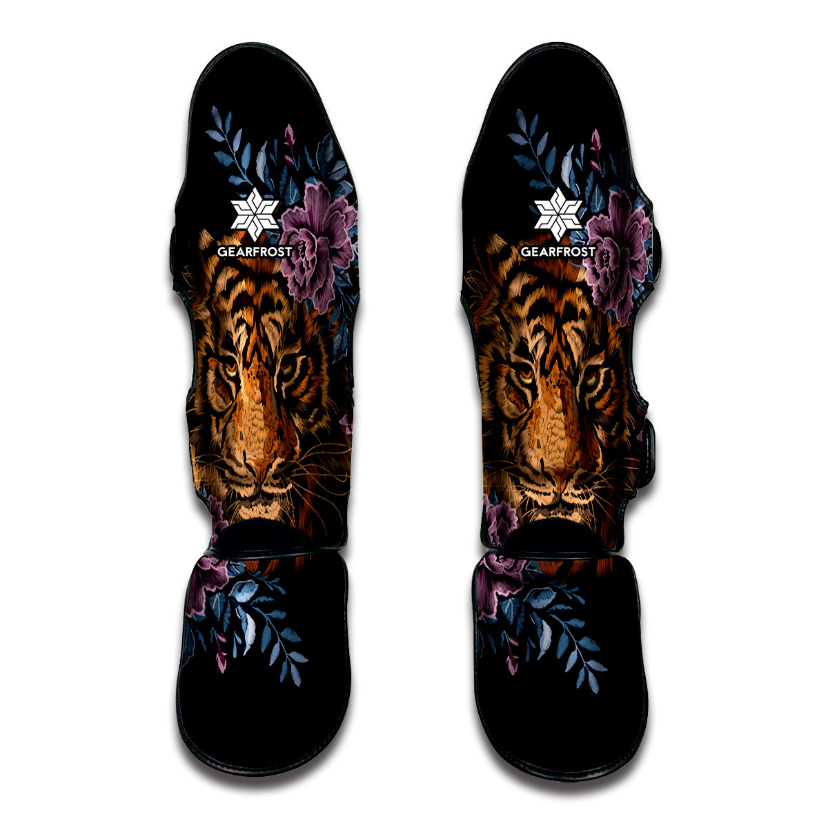 Embroidery Tiger And Flower Print Muay Thai Shin Guards