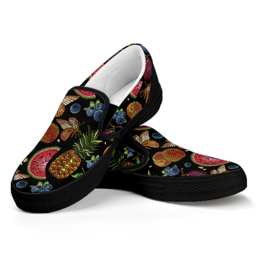 Embroidery Tropical Pattern Print Black Slip On Shoes