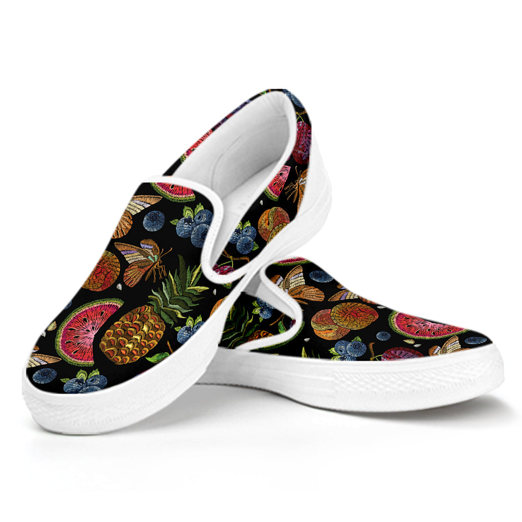 Embroidery Tropical Pattern Print White Slip On Shoes