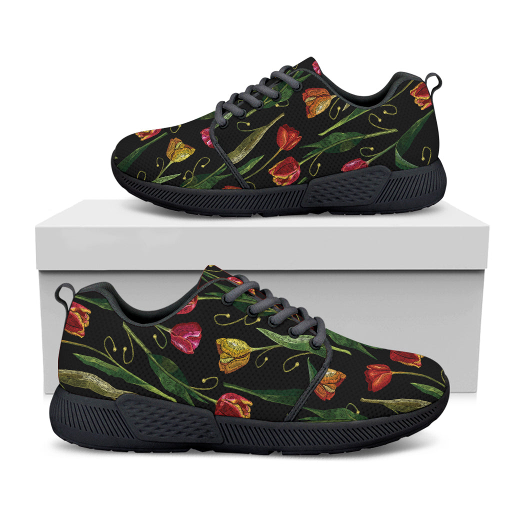 Embroidery Tulip Pattern Print Black Athletic Shoes