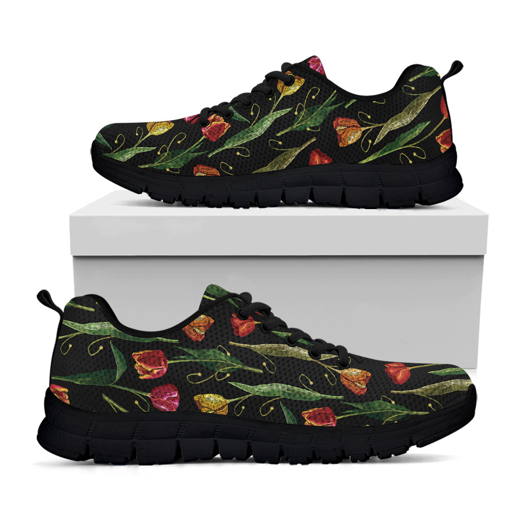 Embroidery Tulip Pattern Print Black Sneakers