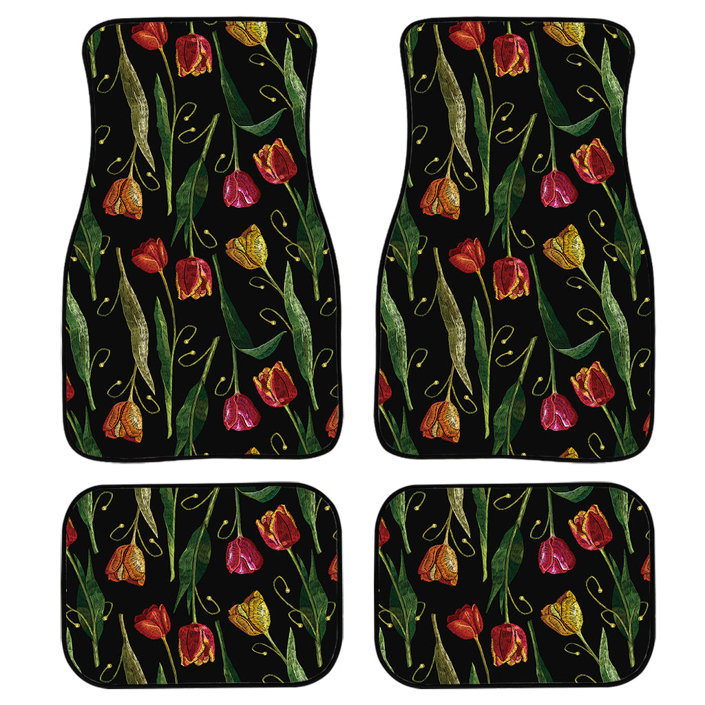 Embroidery Tulip Pattern Print Front and Back Car Floor Mats