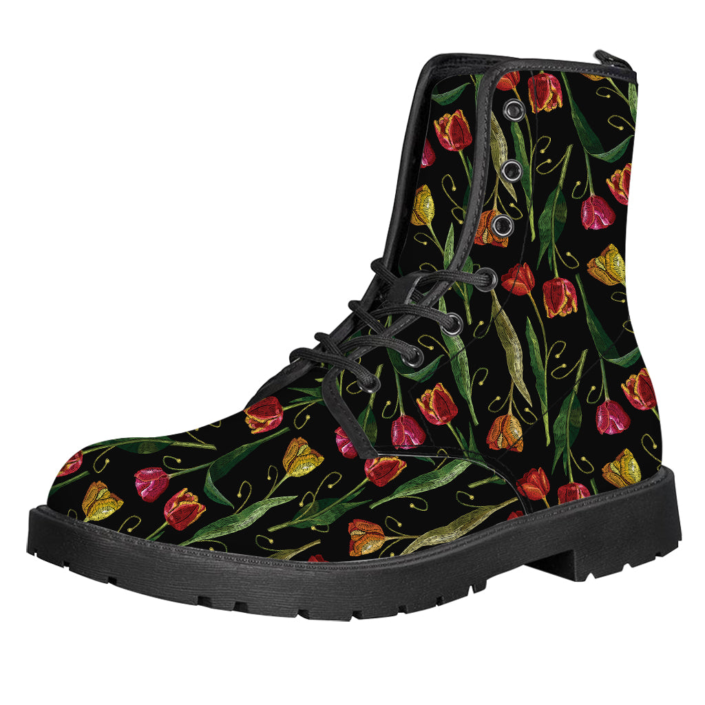 Embroidery Tulip Pattern Print Leather Boots