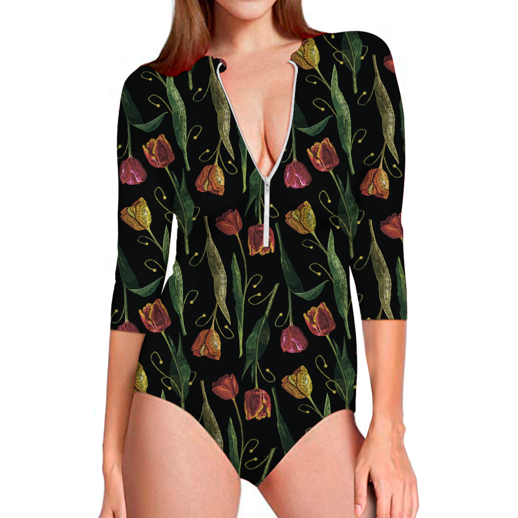 Embroidery Tulip Pattern Print Long Sleeve One Piece Swimsuit