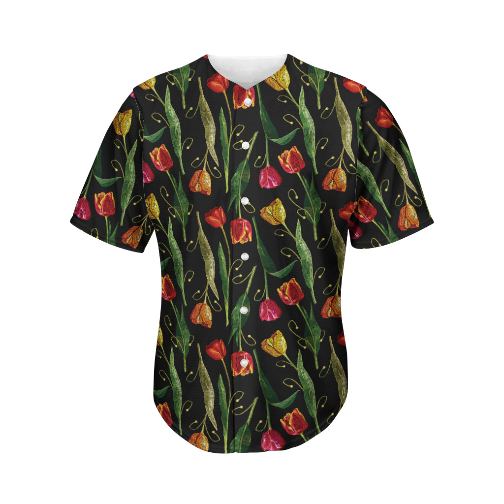 Embroidery Tulip Pattern Print Men's Baseball Jersey