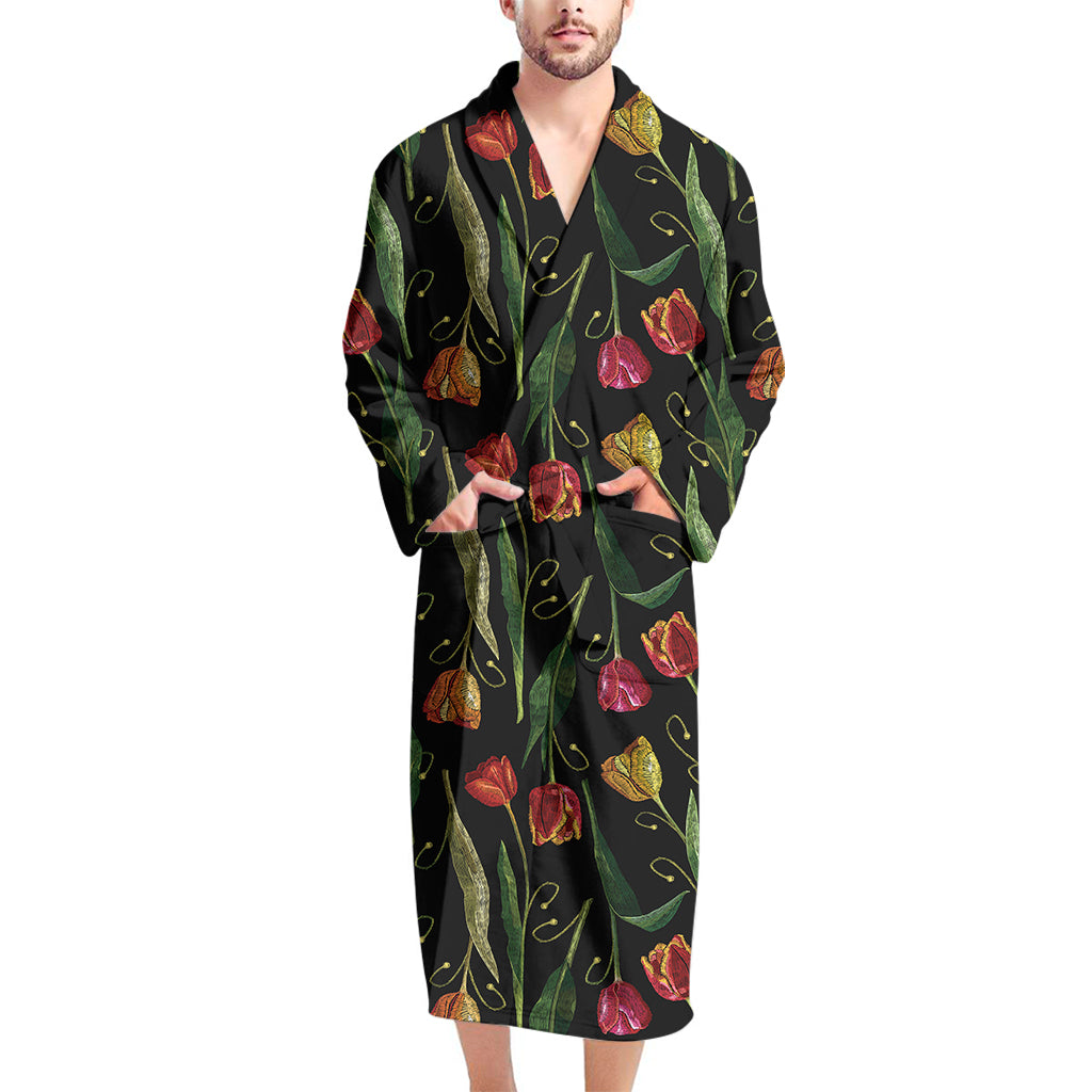 Embroidery Tulip Pattern Print Men's Bathrobe