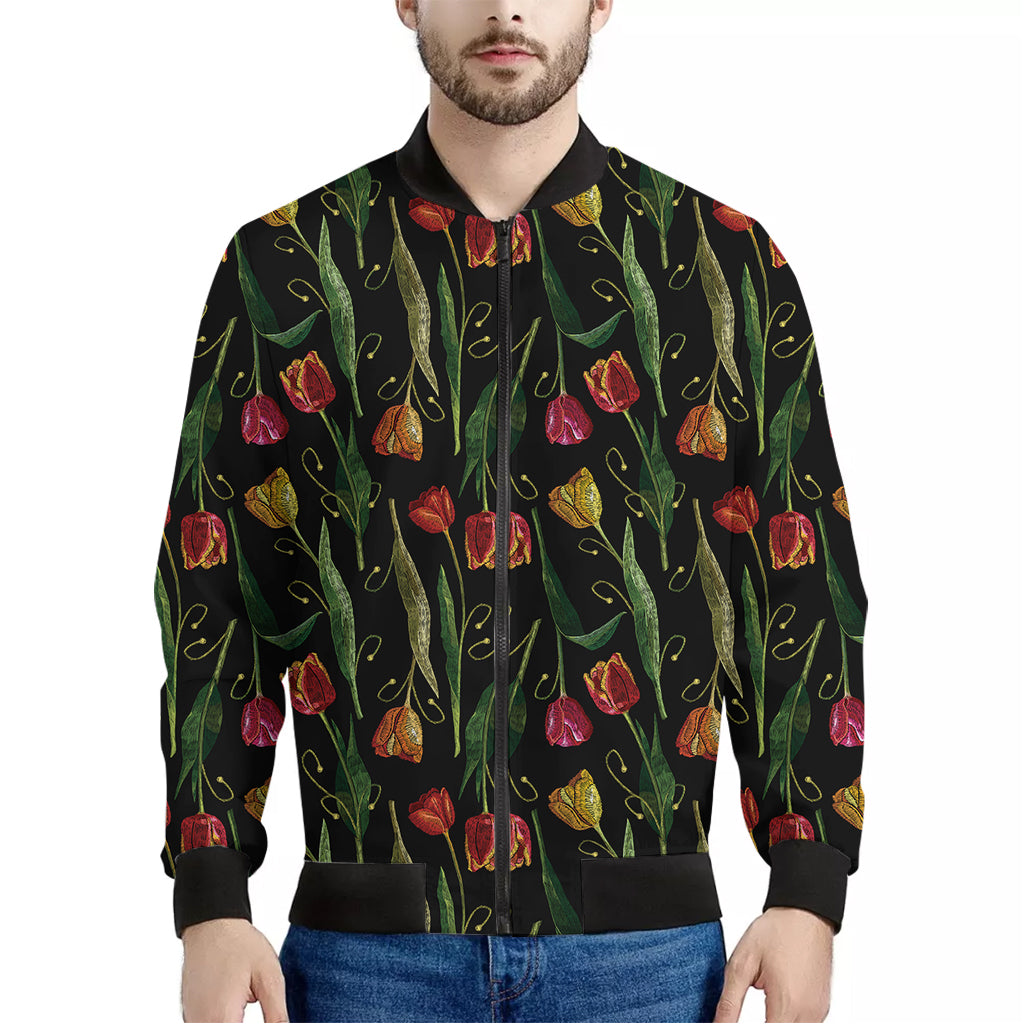 Embroidery Tulip Pattern Print Men's Bomber Jacket