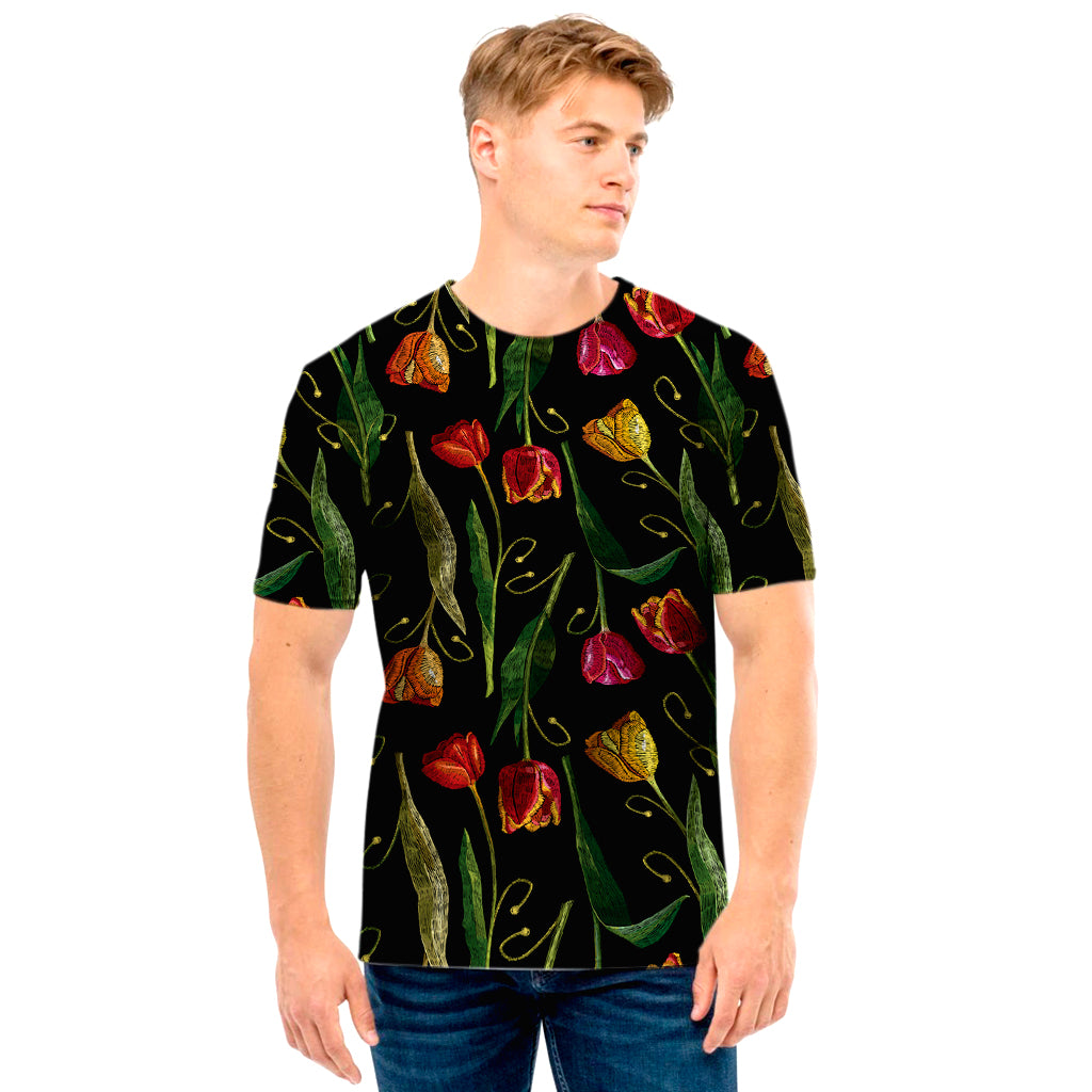 Embroidery Tulip Pattern Print Men's T-Shirt