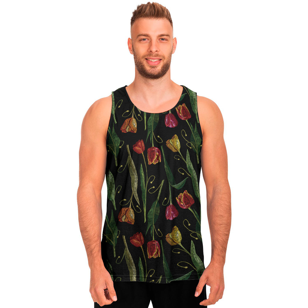 Embroidery Tulip Pattern Print Men's Tank Top