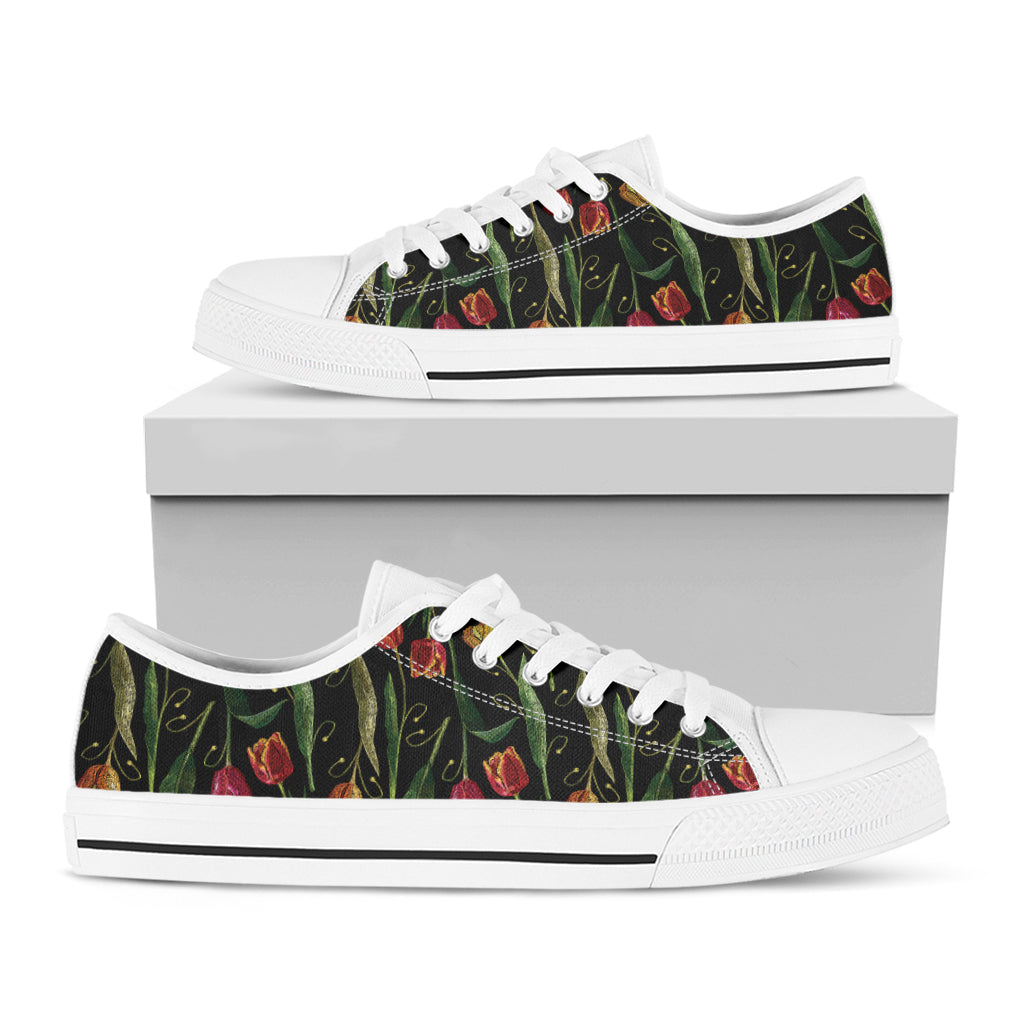 Embroidery Tulip Pattern Print White Low Top Shoes