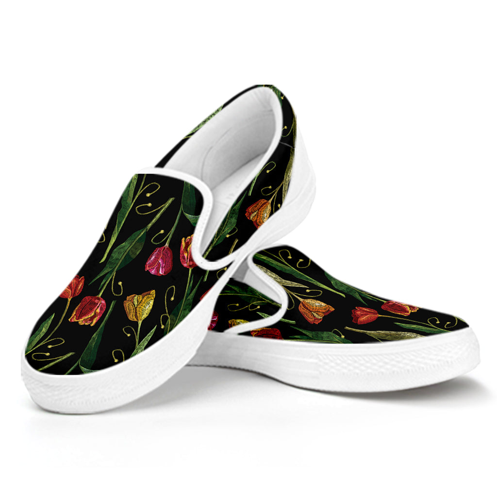 Embroidery Tulip Pattern Print White Slip On Shoes