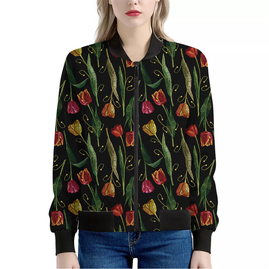 Embroidery Tulip Pattern Print Women's Bomber Jacket