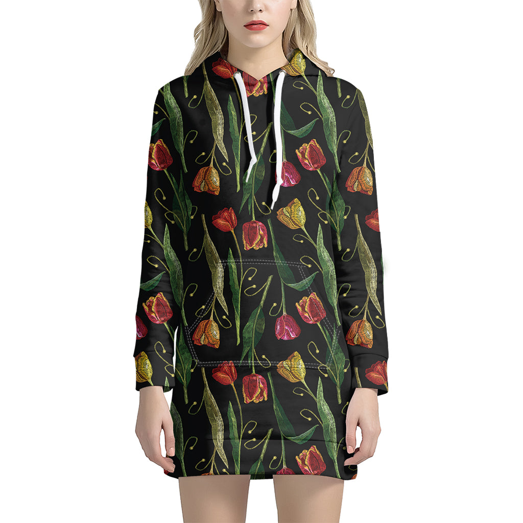 Embroidery Tulip Pattern Print Women's Pullover Hoodie Dress