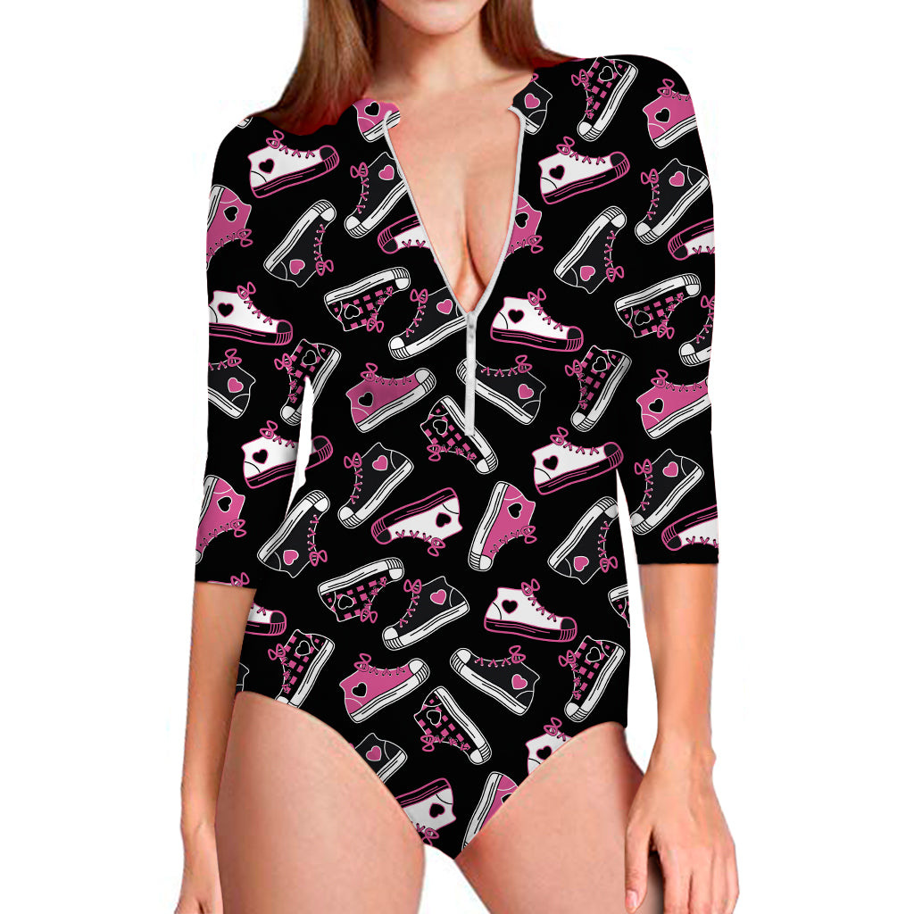 Emo Shoes Pattern Print Long Sleeve One Piece Swimsuit