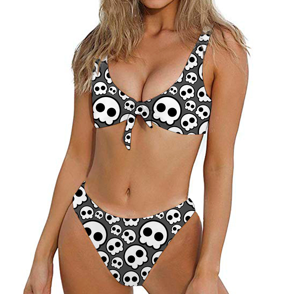 Emo Skull Pattern Print Front Bow Tie Bikini