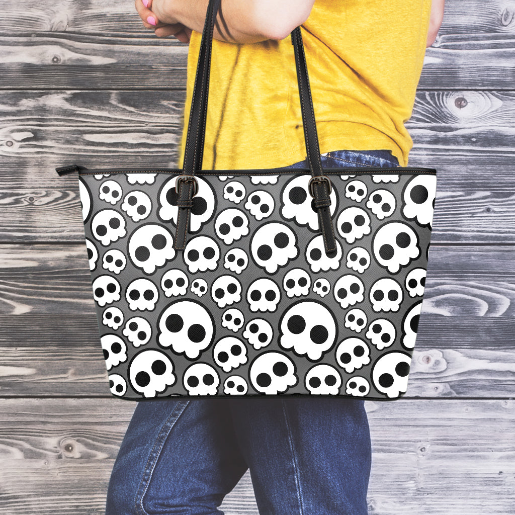 Emo Skull Pattern Print Leather Tote Bag