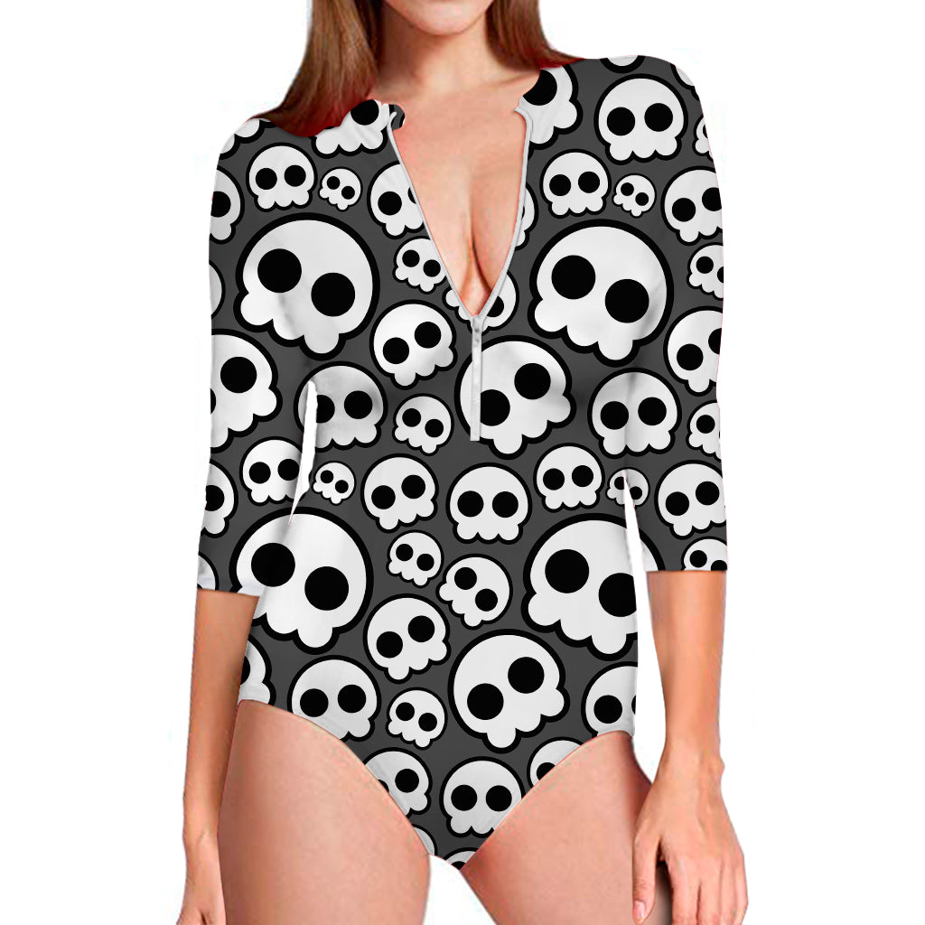 Emo Skull Pattern Print Long Sleeve One Piece Swimsuit