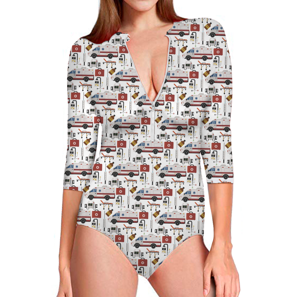 EMS Paramedic Pattern Print Long Sleeve One Piece Swimsuit