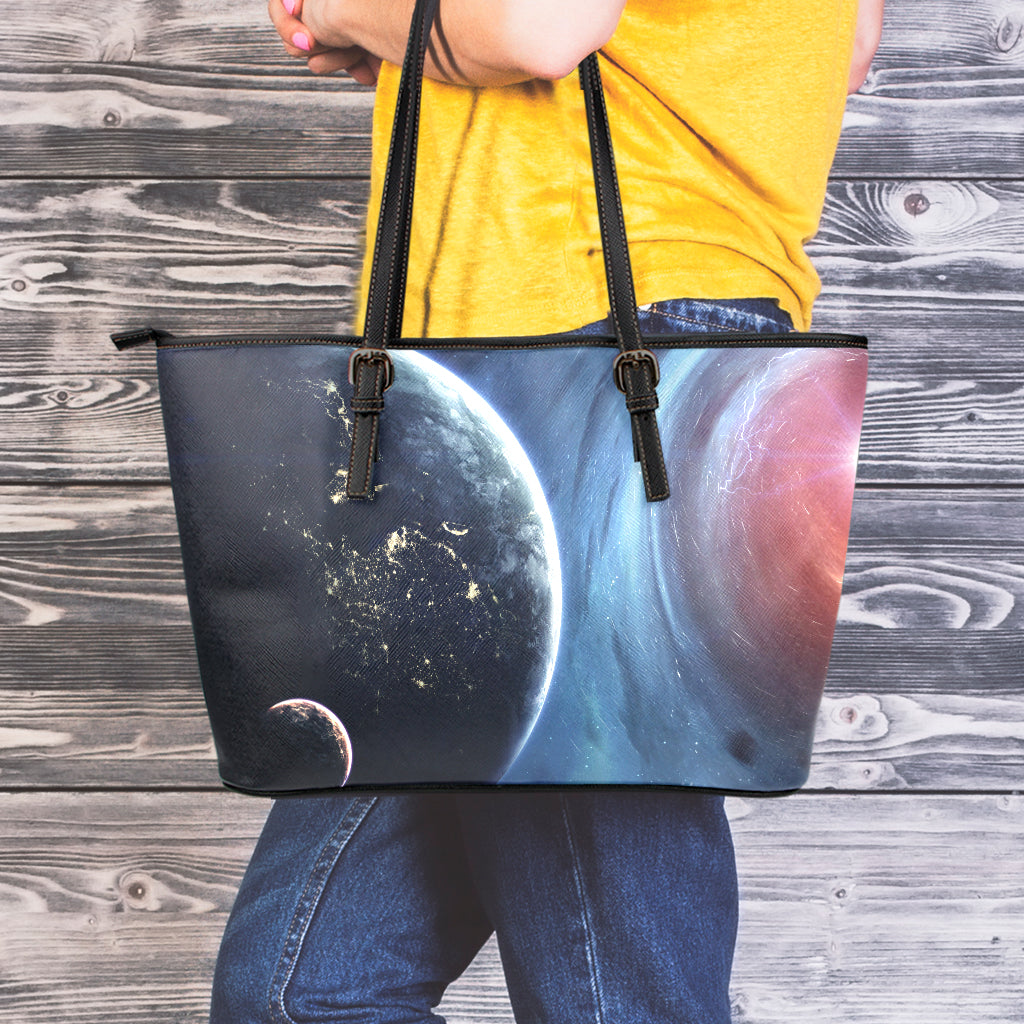 Endless Space Print Leather Tote Bag