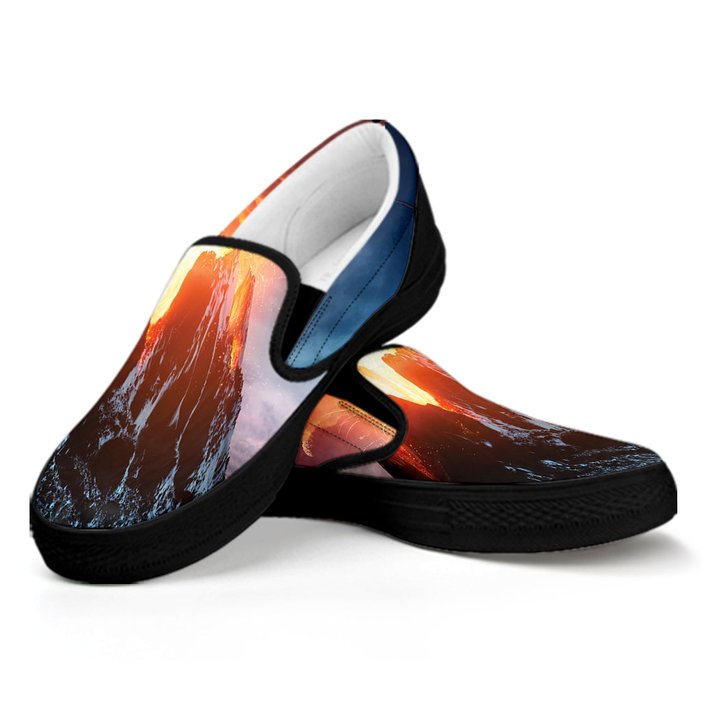 Erupting Volcano Print Black Slip On Shoes