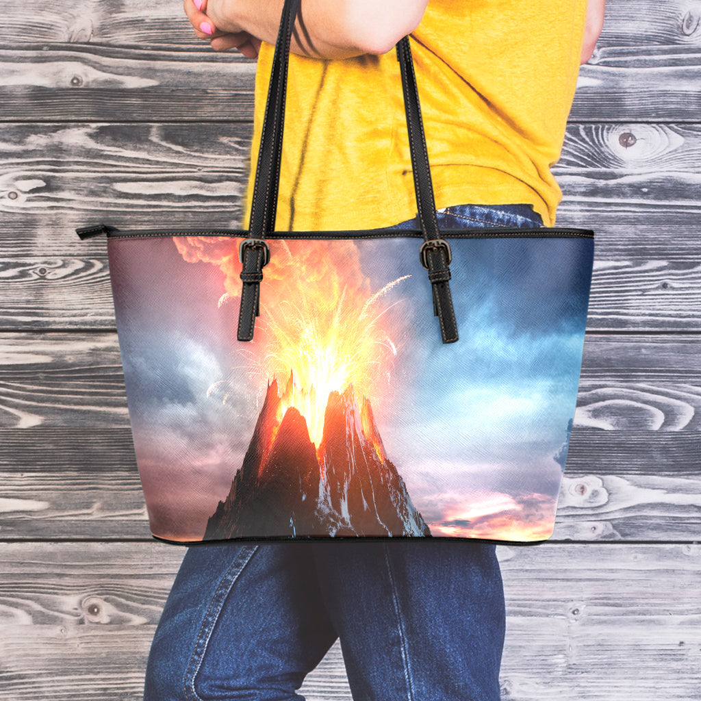 Erupting Volcano Print Leather Tote Bag