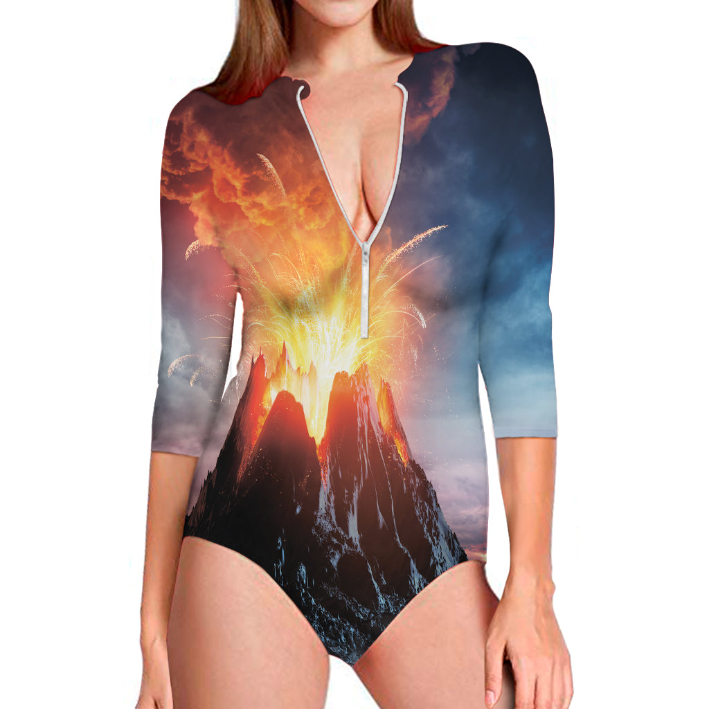 Erupting Volcano Print Long Sleeve One Piece Swimsuit