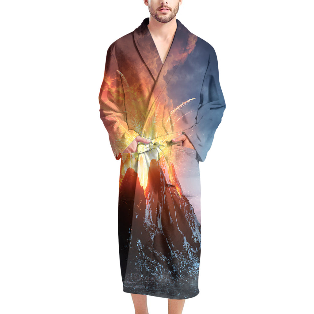 Erupting Volcano Print Men's Bathrobe